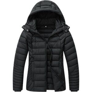 Women's Black Quilted Hood Down Jacket Coat Detachable Warm Winter Travel